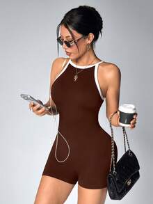 Slayform Macacão marrom sem costura, sem mangas e com costas abertas (1 peça), macio e confortável, ideal para exercícios, corrida, uso casual e ioga. - Castanho - Ver 3