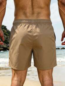 Oro Vacation Men's Summer Vacation Colorblock Palm Tree Print Drawstring Waist Beach Shorts, Holiday - Khaki - View 2