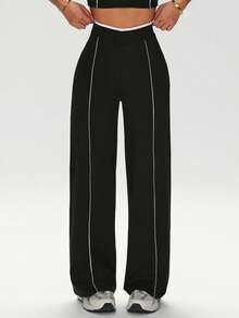 Dewbera Dewbera Women's Contrast Color Casual Straight Leg Fitness Workout Pants - Black and White - View 3