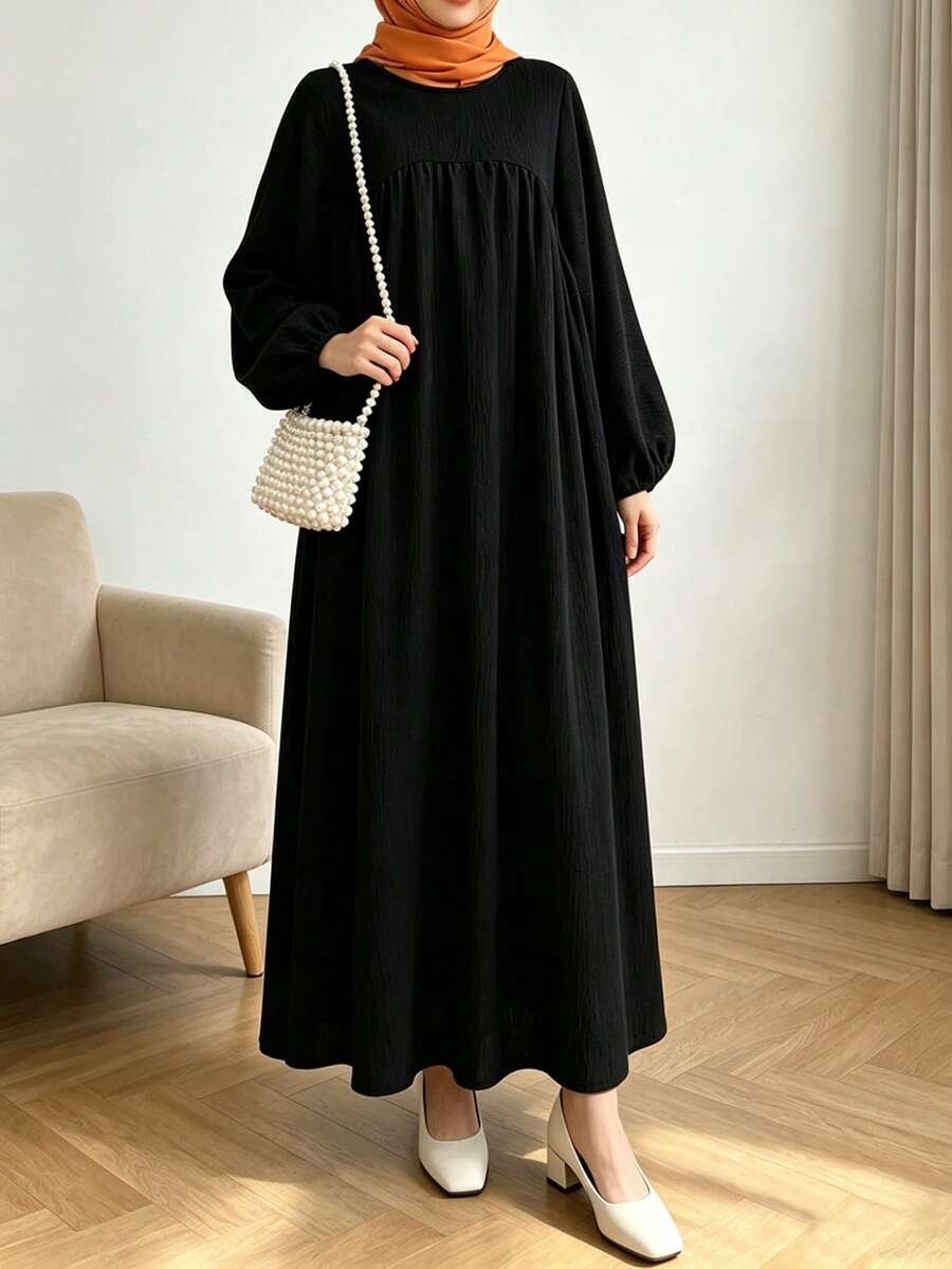 Al Najma Vestido modesto de mangas farol largas, de unicolor, casual y de moda para primavera y verano - Negro - Ver 1