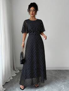 Modelyn Women's Elegant Round Neck Ruffle Flare Sleeve Fitted Flowy Maxi Chiffon Dress, Spring/Summer - Black and White - View 4