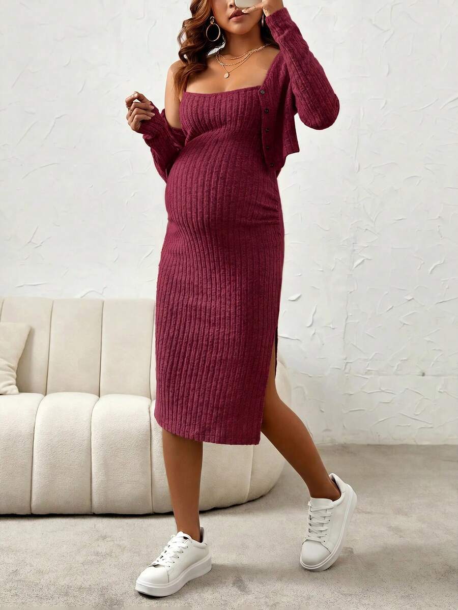 SHEIN 2件組孕婦純色長袖開襟外套與無袖洋裝休閒套裝 - 酒紅色 - 查看 1