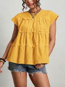 Freevana Plus Size Solid Color Ruffle Collar Casual Summer Shirt - Yellow - View 5