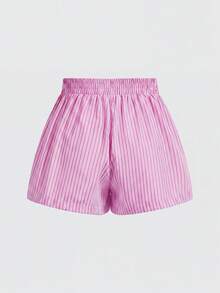 SHEIN CURVE+ Pantalones cortos de talla grande para mujer, de cintura alta, sueltos, con estampado de rayas y cintura elástica - Rosa - Ver 3