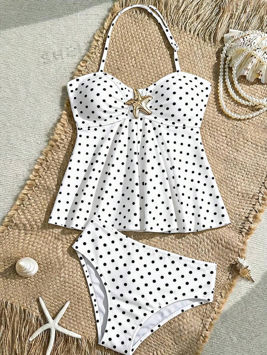 SHEIN Tween Girl Printed Polka Dot Halter Tankini Swimwear Set, Suitable For Beach, Vacation - Black and White - View 1