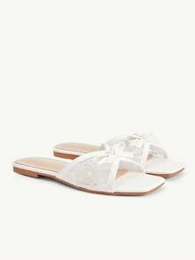 CUCCOO CHICEST Damenschuhe Damen Neue Sommer Quadratische Zehenkappe Flacher Boden Weiße Spitze Schleife Modische und elegante Damen Flache Sandalen Pantoffeln Geeignet für täglichen Arbeitsweg, Büro, Urlaub und andere Orte - 2025 Netto Weiß Nr. 2 - Übersicht 2