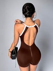 Slayform Macacão marrom sem costura, sem mangas e com costas abertas (1 peça), macio e confortável, ideal para exercícios, corrida, uso casual e ioga. - Castanho - Ver 8