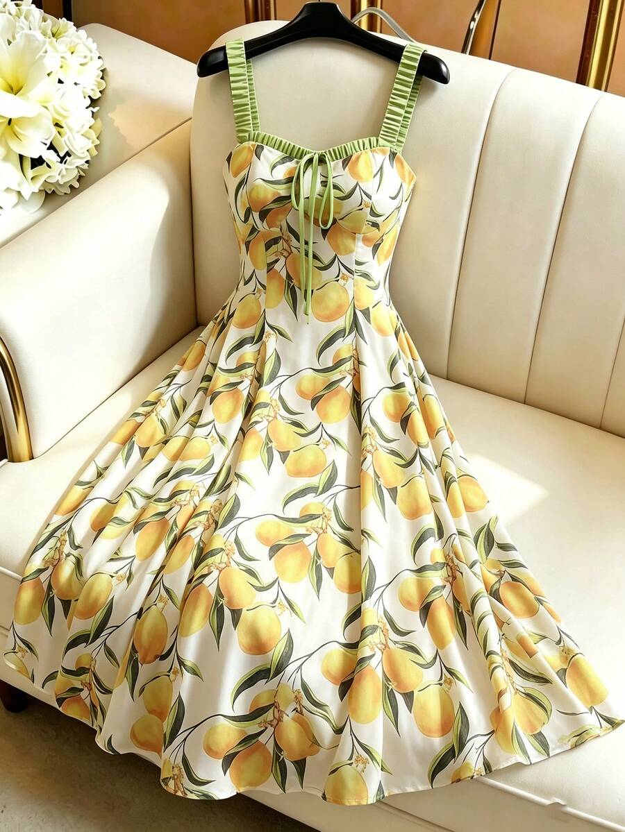 GlowEve Women's Lemon Print Casual Party Long Strap Dress - Yellow - View 1