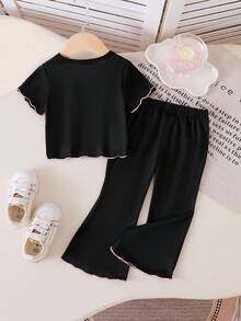 Elladie kids Adorable Two-Piece Black Baby Girls Outfit With Ruffled Edges And Round Neck Design - Black - View 2