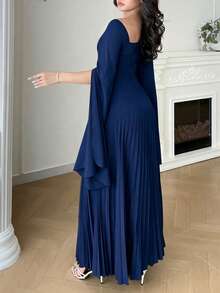 Modelyn Solid Color Square Collar Pleated Cape Sleeve Elegant Dress - Navy Blue - View 2