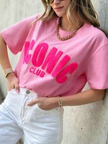 DrmWander Plus Size Women Letter Print Round Neck Short Sleeve Casual T-Shirt - Pink - View 4