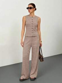 SHEIN Tall 2pcs Women Casual Striped Front Button Long Sleeve Top And Wide Leg Pants Set, Autumn - Khaki - View 4
