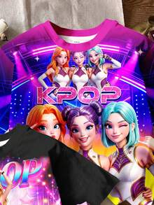 卡通女孩多巴胺彩色漸層、星空漸層、K-Pop 超級巨星、年輕女孩極簡休閒寬鬆落肩 3 件套短袖 T 恤，適合春夏 - 彩色 - 查看 3