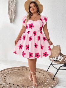 SHEIN CURVE+ 大码女式柠檬水果印花甜心领泡泡袖A字迷你连衣裙，夏季波西米亚风度假风 - 粉色 - 查看 6