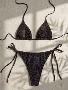 Swim Mod 女士夏季新款性感露背系带低腰波点印花比基尼套装，藏蓝色底 - 咖啡棕 - 查看 2