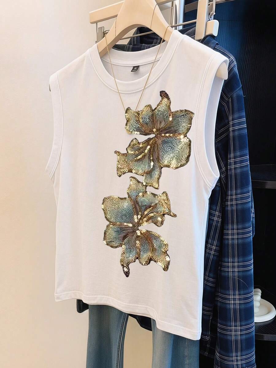 Divinelle Áo tank top nữ dáng ngắn cổ tròn không tay phong cách thường ngày, phù hợp cho mùa hè - trắng - Xem 1