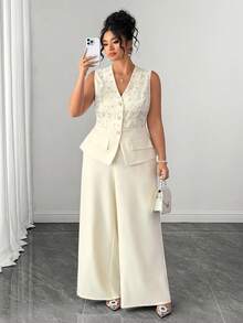 Elenzga Women's Summer Casual Elegant Blazer Vest Two Pieces Set, Plus Size - Apricot - View 3