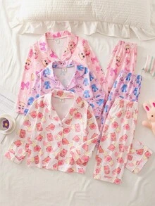 SHEIN 女童舒适卡通图案长袖上衣和裤子睡衣套装 - 彩色 - 查看 3