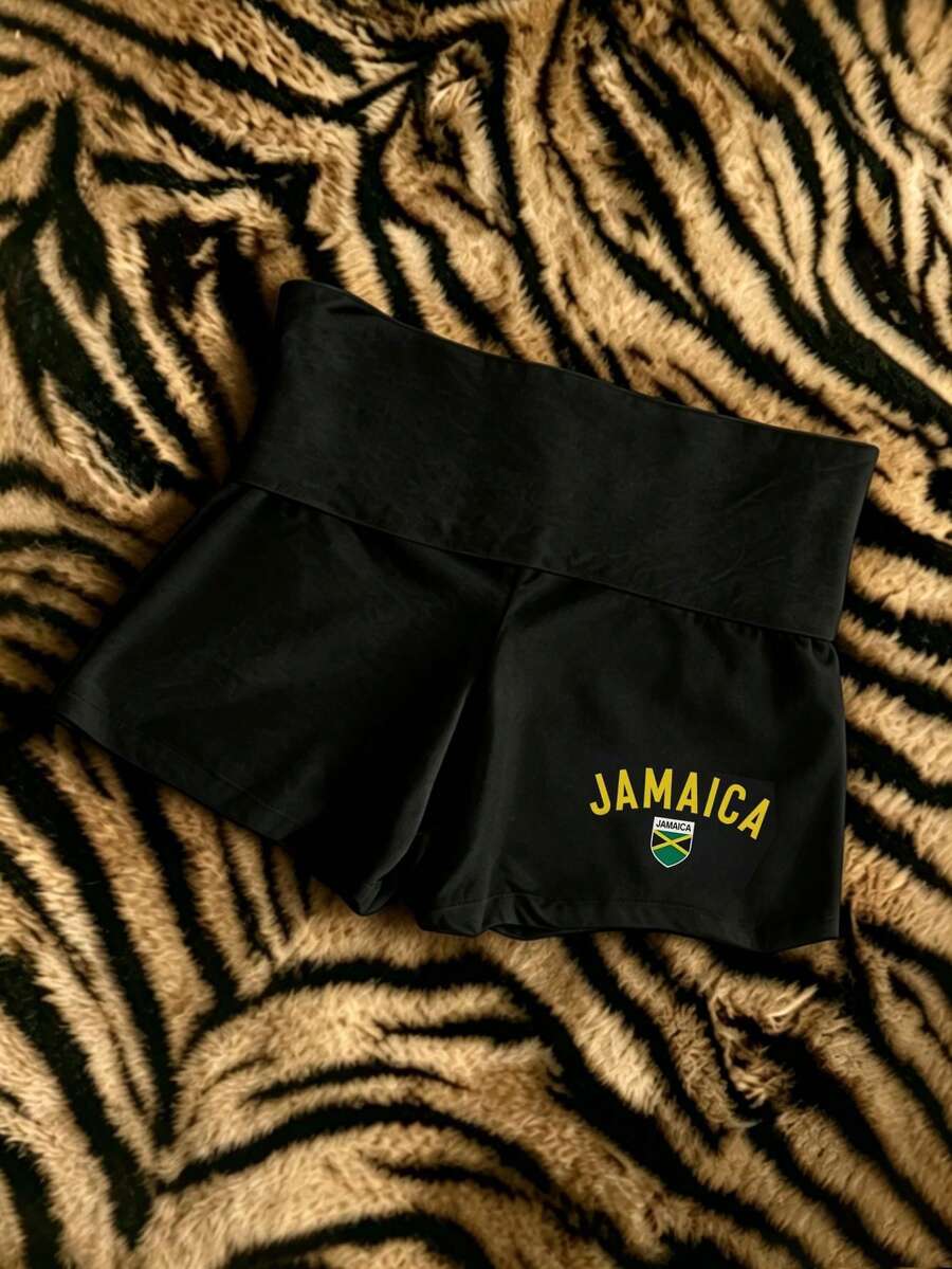 Glimmora Quần short nữ in hình cờ Jamaica, quần short cạp úp in chữ phong cách Y2K, quần short cạp cao gợi cảm. - màu đen - Xem 1