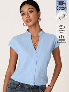 SHEIN BASICS Women's Solid Color V-Neck Cap Sleeve Casual Shirt - Black - View 5