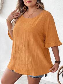 SHEIN CURVE+ 大码女式卡其色荷叶边短袖衬衫，宽松休闲下摆，适合日常及度假穿着，夏季，曲线身材，Hoho Vacationsummer/乡村/海滩度假装/海滩装/沙滩服饰 - 橘色 - 查看 4