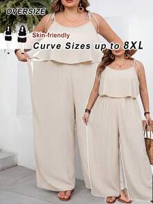 SHEIN CURVE+ Curve 尺码 US22 音乐节、海滨度假、波西米亚风女士休闲度假纹理纯色连体裤 - 杏色 - 查看 1