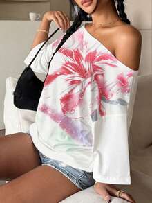 Camiseta holgada de mujer con estampado floral y hombros descubiertos, para verano - Multicolor - Ver 3