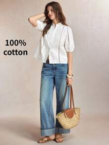 BizChic Blusa de mujer con parches de encaje, de un solo pecho, versátil y de moda - Blanco - Ver 4
