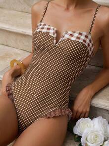 Swim Mod Bộ đồ bơi liền thân nữ họa tiết hoa kẻ caro phối màu tương phản, size 26SS, kiểu dáng nghỉ dưỡng Sunshine Beach. - màu nâu - Xem 1