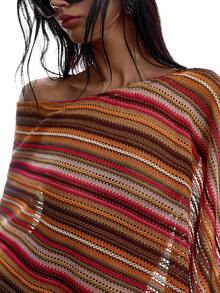 LYSMO Women's Off-Shoulder Loose Striped Vintage Hollow-Out Blouse, Fashionable For Summer - Multicolor - View 7