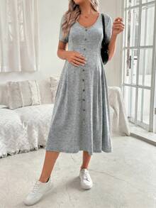 Cheriluna Maternity 女款優雅V領短袖A字版扣飾孕婦洋裝，夏季 - 灰色 - 查看 4
