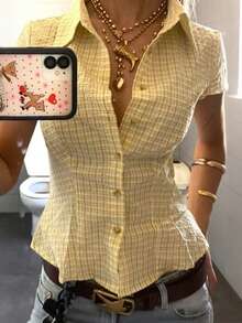 INAWLY Women's Polo Collar Short Sleeve Fitted Shirt - Multicolor - View 4
