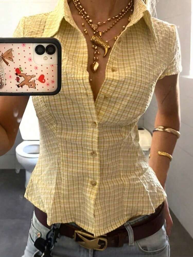 INAWLY 女士 Polo 领短袖修身衬衫 - 彩色 - 查看 4