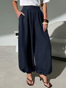 Lavishia Women's Casual Balloon Pants, Comfortable & Versatile Coffee Color Long Pants, Spring/Summer - Navy Blue - View 3
