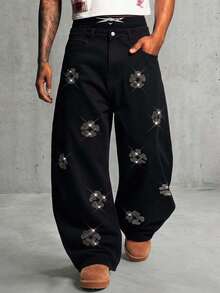 AXEPEAK Jeans negros lavados para hombres con adornos de diamante de imitación, de moda - Negro - Ver 6