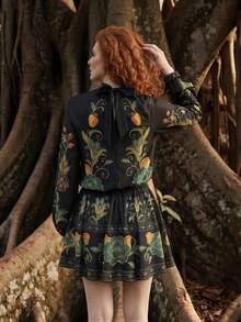 CAJUNI Women's Autumn Floral Print Cinched Waist Lantern Sleeve Dress Vacation Black Boho - Multicolor - View 2