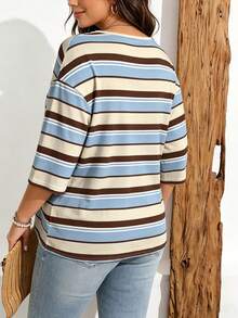 EMERY ROSE Plus Size Women Casual Striped Print Drop Shoulder T-Shirt, Suitable For Summer Wear - Multicolor - View 2