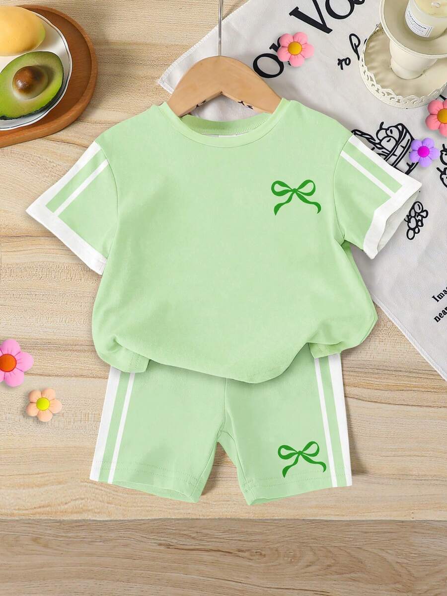 Elladie kids Conjunto de top de manga corta con cuello redondo y pantalones cortos ajustados con estampado de lazo y bloques de color para niñas pequeñas, adecuado para verano, escuela, hogar, exterior, adorable conjunto de verano para niñas pequeñas, estilo coreano - Multicolor - Ver 1