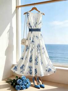 PariChic Blue And White Floral Print Waist Spliced Hollow Lace V-Neck Long Dress Beach Vacation Dress - Blue and White - View 3