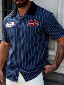Manfinity Hypemode Camisa de manga corta a rayas de estilo americano para hombres - Azul Marino - Ver 5
