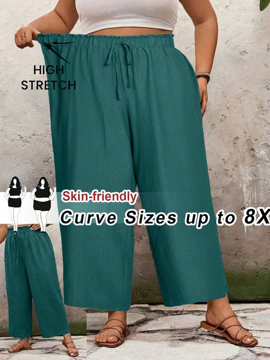 SHEIN CURVE+ 大码休闲纯色宽松长裤，适合夏季/乡村/海滩度假穿着/海滩装/沙滩服饰
