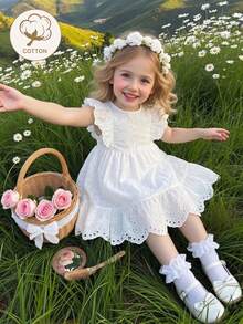 SHEIN Vintaside Kids 女童白色純色圓領荷葉袖洋裝，適合夏季、婚禮、旅行，花童仙女風 - 白色 - 查看 5