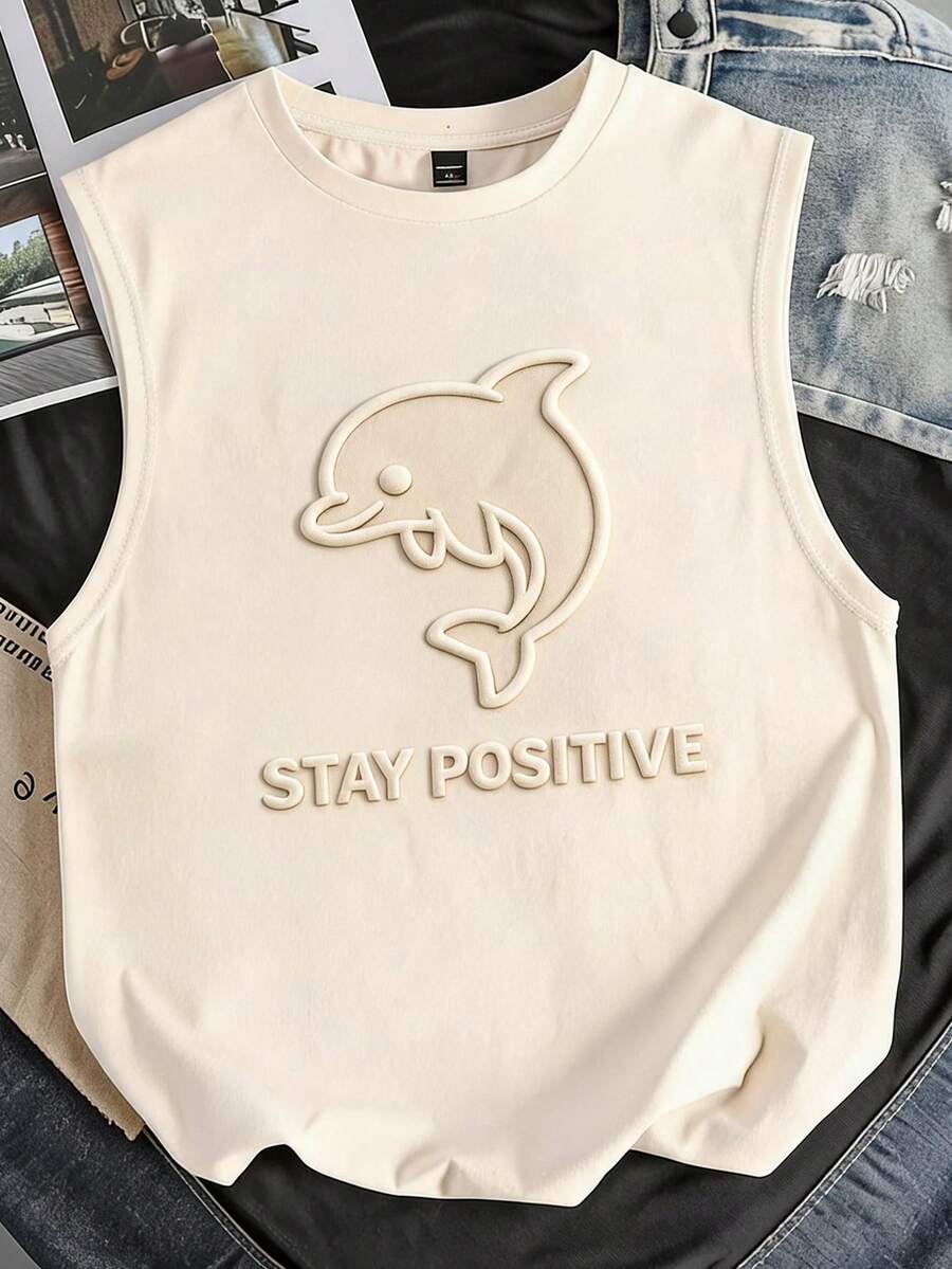 Manfinity Joysei 男士無袖背心,3D海豚設計,STAY POSITIVE口號,米色,夏季,休閒,街頭風,城市度假,療癒力量,度假,送給朋友的禮物,節日 - 卡其色 - 查看 1