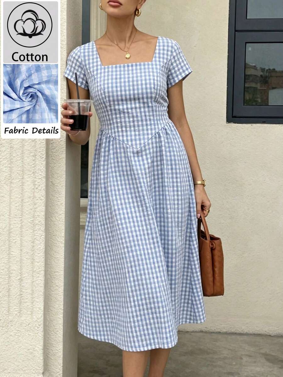 SHEIN PariChic Women's Casual Elegant Summer Square Neck Fitted Crinkle Plaid Dress, Suitable For Daily Wear - Blue and White - View 1