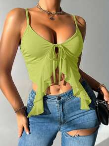 Glamine Camiseta de mujer con volantes, malla y parches, con lazo delantero - Verde Oliva - Ver 4