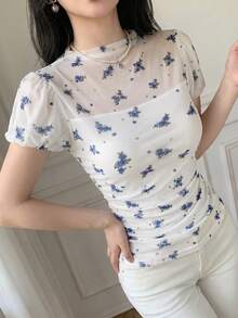 Celisse 女款藍色碎花抓皺上衣，優雅度假風春夏季穿搭 - 彩色 - 查看 6