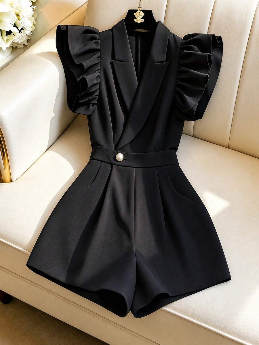 GlowEve Women's Elegant Commuter Fashion Delicate Cap Sleeve Blazer Collar Jumpsuit, Spring/Summer - Black - View 1