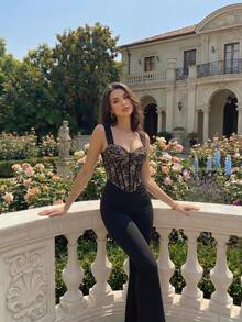 Skyraze Bustier Fishbone Tape Flared Jumpsuit Party Club Black Floral Summer - Black - View 2
