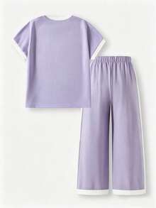 Casuvi Kids Tween Girls Casual All-Match Versatile Daily Wear Black & White Contrast Trim Round Neck Raglan Sleeve T-Shirt + Straight Leg Knit Pants Set - Violet Purple - View 2