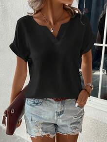 SHEIN Clasi Solid Color Notched Collar Casual Short Sleeve Shirt, Summer - Black - View 1